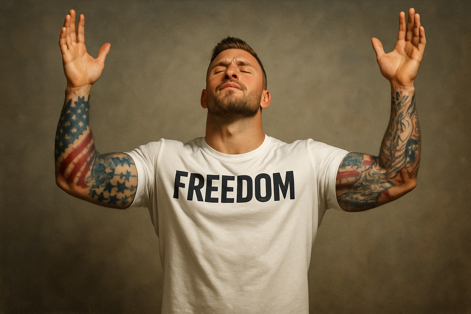 fit build man with patriotic tattoos wearing white t shirt with freedom across the chest in black and american flag patch on upper left sleeve arms raised worshipping