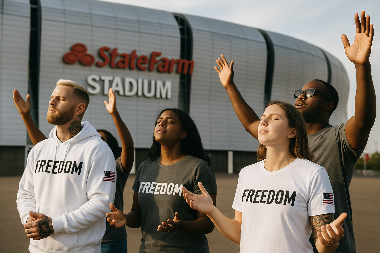 MAKE ONLY 2 OF THEM HAVE TATTOOS AND PUT THEM IN WHITE T SHIRT AND HOODIES WITH FREEDOM IN BLACK ACROSS CHEST AND AMERICAN FLAG PATCH ON LEFT SLEEVE AND GIVE ONE BLONDE HAIR AND HAVE 2 WORSHIPING WITH ARMS RAISED